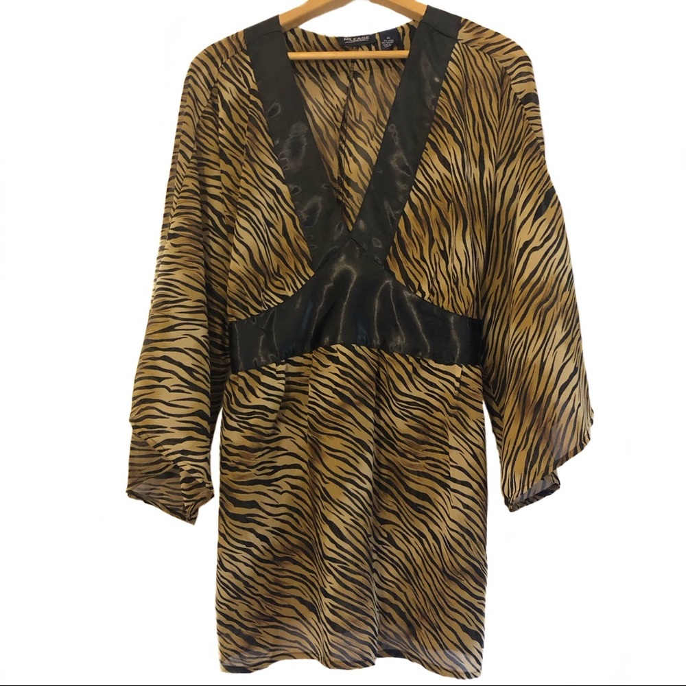Mileage Tiger Animal Print Satin Sheer Tie Blouse